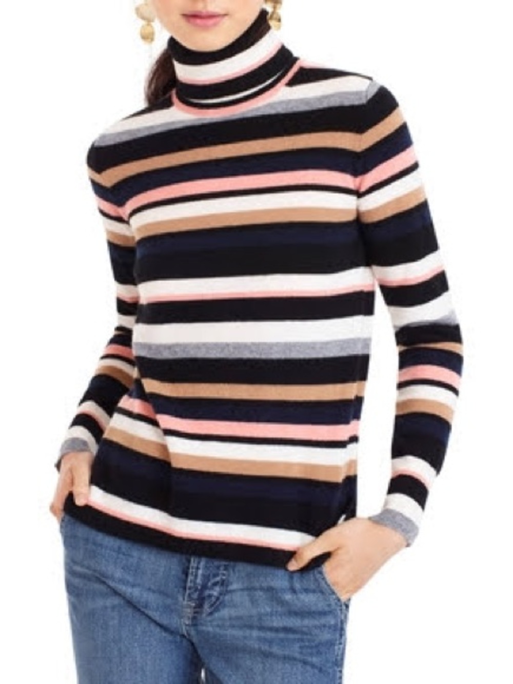 Cashmere J. Crew Striped Turtleneck Sweater in Black, Cream, Pink & Navy